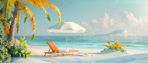 A banner of a 3d illustration of the beach with a sun lounger and an umbrella beach, summer concept