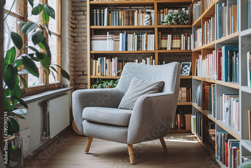 A serene reading nook with a comfortable armchair and a minimalist bookshelf filled with curated reads.