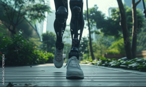 A person with a prosthetic leg is running on a path. Disabled athlete concept photo
