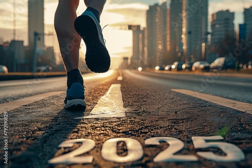 A runner is running on a road with a sign that says 2025