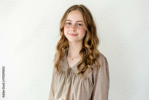 A girl with long hair is wearing a gold necklace and a gold shirt © top images