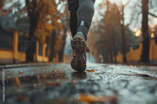 A person is running on a wet road with leaves on the ground photo