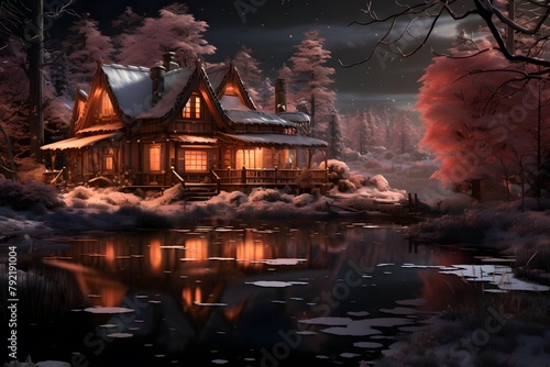 Beautiful winter landscape with a wooden house by the lake at night