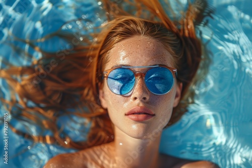 A woman sunbathes on the surface of the water in a swimming pool. Summer relaxation on vacation. Background © top images