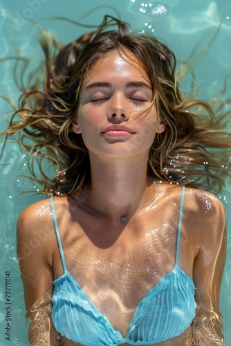 A woman sunbathes on the surface of the water in a swimming pool. Summer relaxation on vacation. Background © top images