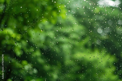 Raindrops hit the glass. with a blurry background of green forest - generative ai