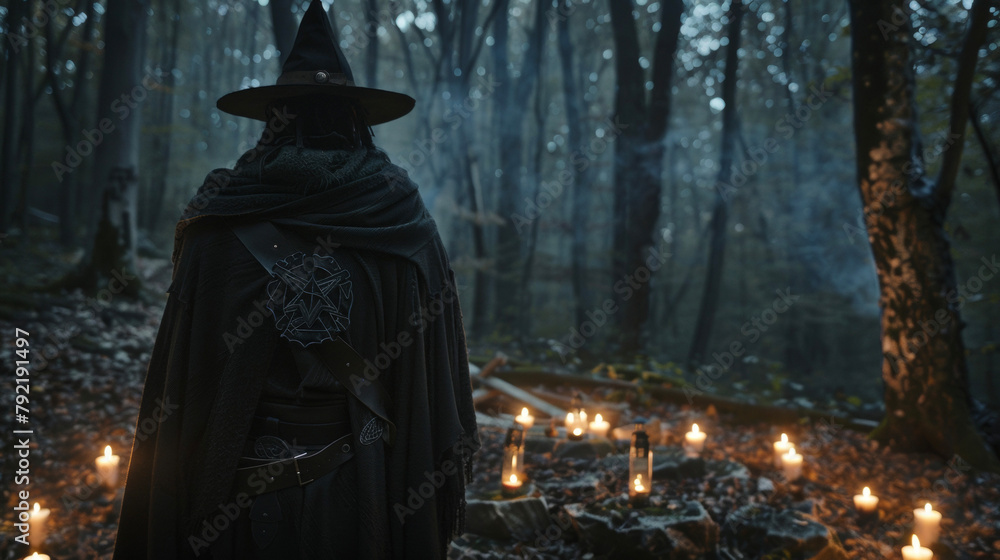 In a dimly lit forest a figure dressed in a long cloak adorned with occult symbols stands in front of a circle of candles. Their leather harness and widebrimmed hat .