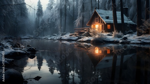 Foggy winter landscape with a wooden house in the forest.