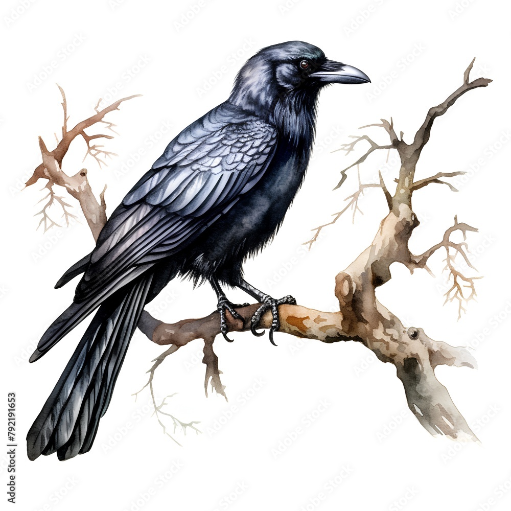 Obraz premium Watercolor crow on tree branch. Hand drawn illustration isolated on white background