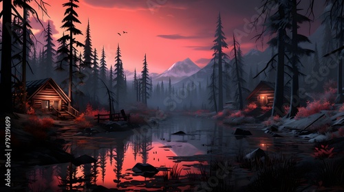 Panoramic view of the mountain lake in the forest at sunset #792191699