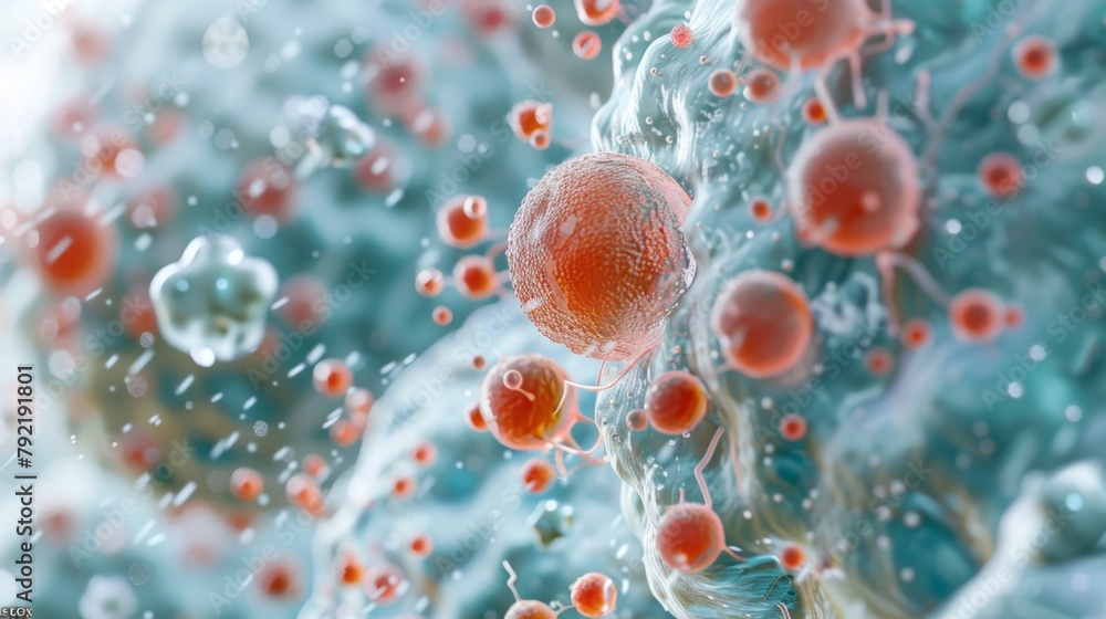 A detailed view of a damaged cell membrane caused by the release of toxins from a colony of ly active protozoa. A detailed view of a damaged cell membrane caused by the release of toxins from a colony of ly active protozoa.