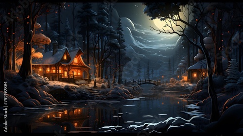 Illustration of a winter night in the forest with a wooden house