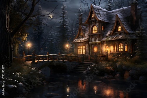 Winter night in the village with a wooden house in the forest.