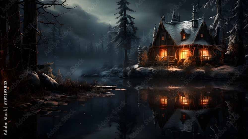 beautiful winter night landscape with a cottage in the forest on the lake