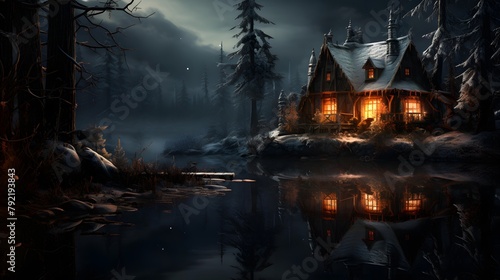 beautiful winter night landscape with a cottage in the forest on the lake
