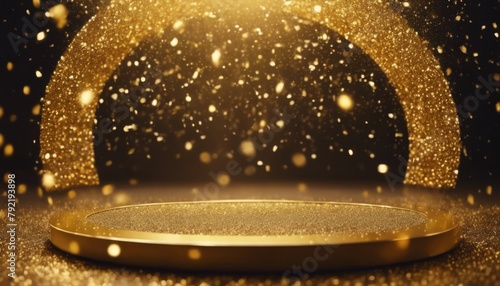 'golden scene podium award sparkle confetti falling rays Gold product platform frame glitter Abstract rain presentation. empty glowing background dais light stage luxury star'