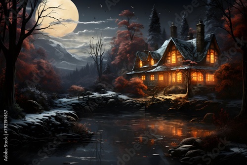 3d render of a house in the forest at night with full moon