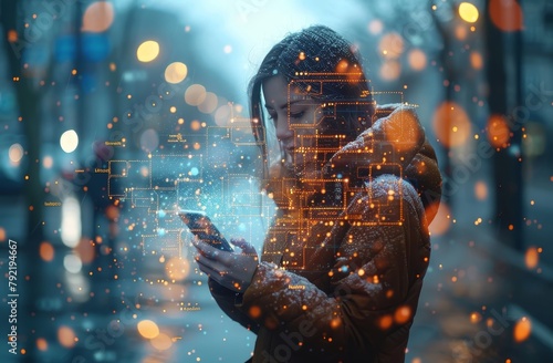 The persons smartphone connects to form an AI network as digital data and code icons float around them, Generated by AI
