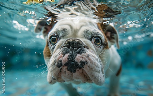 A dog is swimming in a pool and looking at the camera. Summer heat concept, backdrop