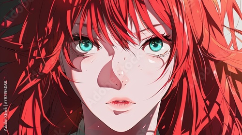 anime cute red-haired girl face, manga style, Generative IA. anime girl. Illustration © LofiAnimations