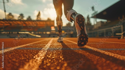 A runner is on a track with a bright sun shining on him. Disabled athlete concept © Space Priest