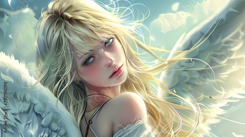 Portrait of a beautiful blonde angel girl in anime style. Neural network AI generated art. anime girl. Illustration © LofiAnimations