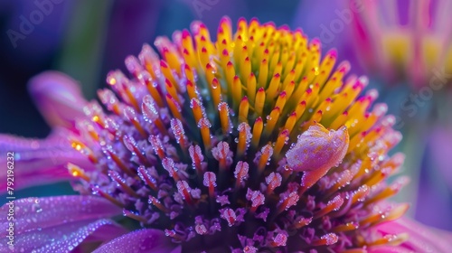 The stunning hues of a pollen sac from a purple coneflower displaying a range of purples pinks and yellows. photo