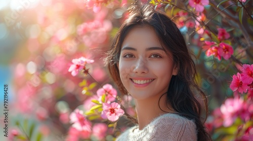 Woman Standing Among Pink Flowers © Tetiana