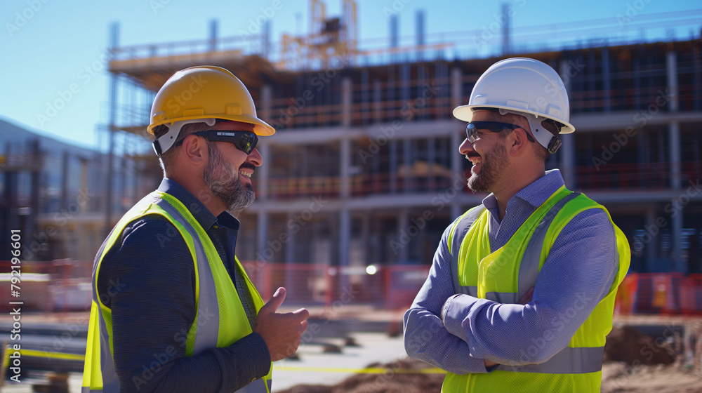 engineers on a construction site discussing a real estate project progress engineers on a construction site discussing a real estate project progress