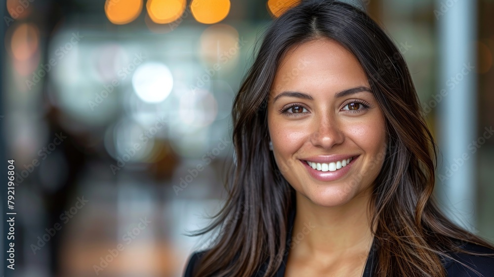 Obraz premium Smiling Woman With Long Dark Hair