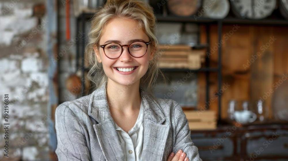 Woman With Glasses Standing by Shelf Woman With Glasses Standing by Shelf
