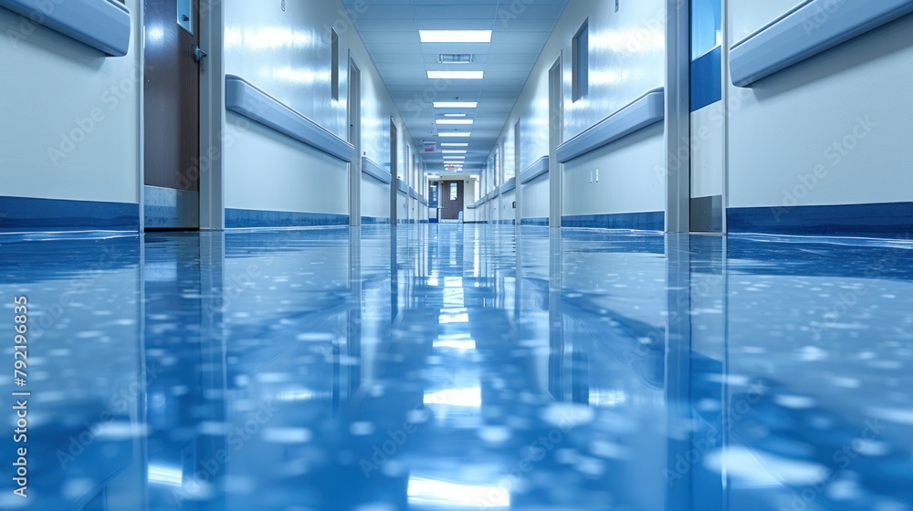 Fototapeta premium Long Hallway With Blue Floors and White Walls
