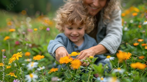 Woman and Child in Flower Field