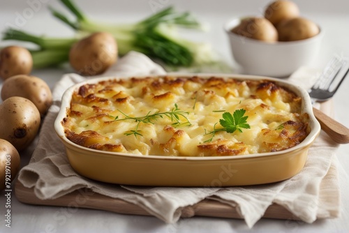 'potatoes leek au gratin casserole potato vegetable vegetarian dish main course meal food healthy health'