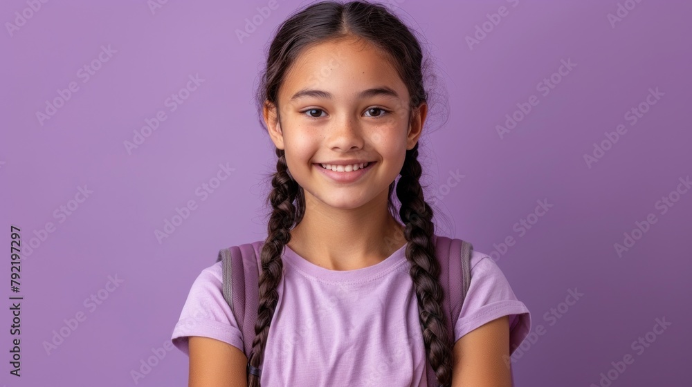 Young Girl With Braids Against Purple Background Young Girl With Braids Against Purple Background