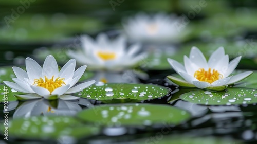 Group of White Water Lilies Floating on Pond