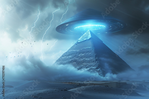 ufo hovering over the pyramid of giza, during an electrical storm photo