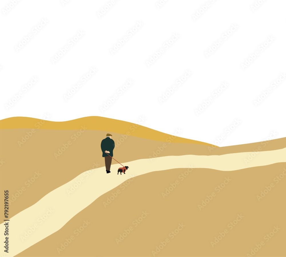 Old man walks through the park with a dog on mountain. Retirement, fitness, Love, wellness and pet. Enjoying Leisure Time. Old man walks through the park with a dog on mountain. Retirement, fitness, Love, wellness and pet. Enjoying Leisure Time.