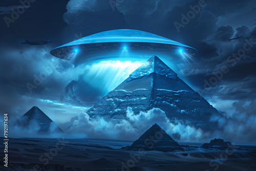ufo hovering over the pyramid of giza, during an electrical storm
