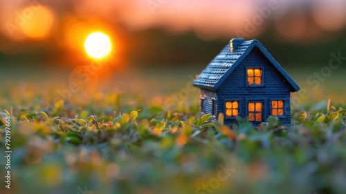 Small Blue House on Lush Green Field