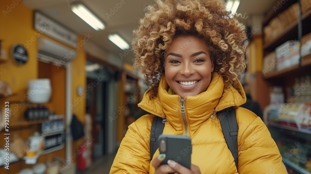 Fototapeta premium Woman in Yellow Jacket Holding Cell Phone