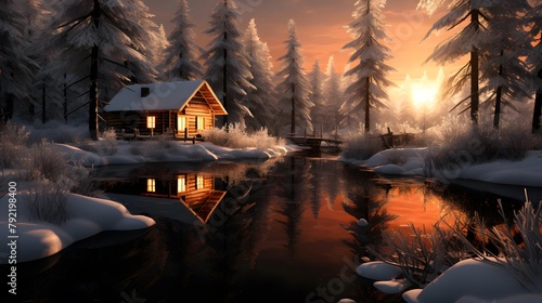 Beautiful winter landscape with frozen river and wooden house in the forest