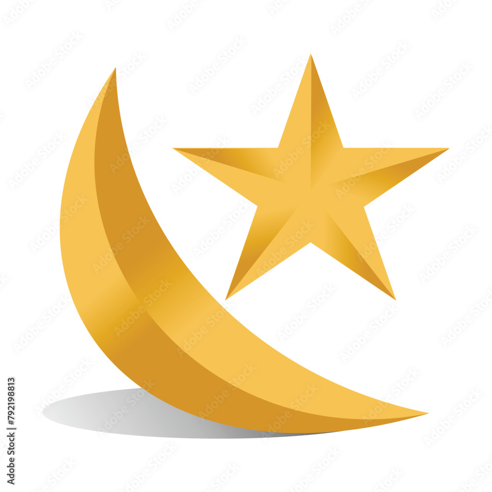 golden crescent and star on a white background. 3D illustration of islamic ornament. Moslem design element golden crescent and star on a white background. 3D illustration of islamic ornament. Moslem design element