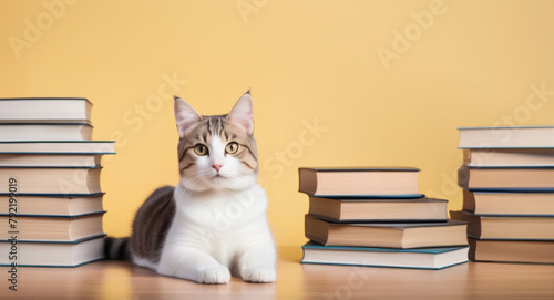 Banner: A cat sitting on a pile of books with a yellow background and space for text.