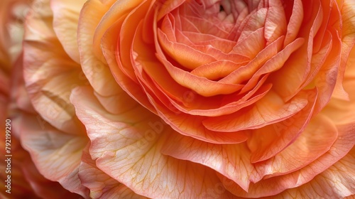 Close up of the petals of a rose or ranunculus in peach fuzz