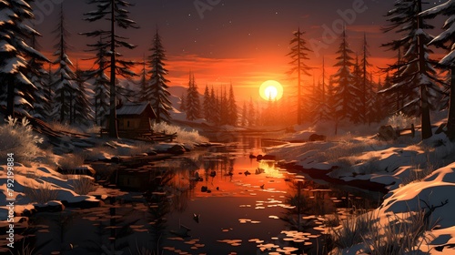 A panoramic view of a beautiful sunset in the winter forest