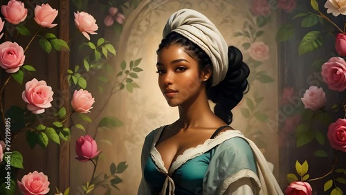 Beautiful black woman with her hair tied back in a scarf full body image Georgian era in the style of seamless loop animation