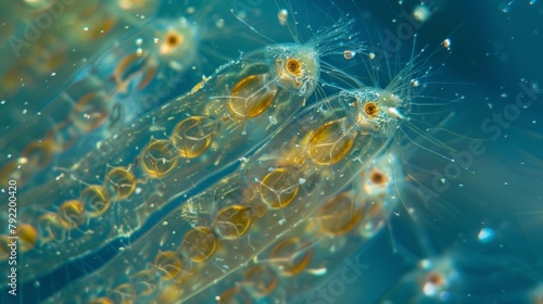 A rotifer colony consisting of dozens of individuals attached to a submerged surface. Each individual appears to have a tiny cape