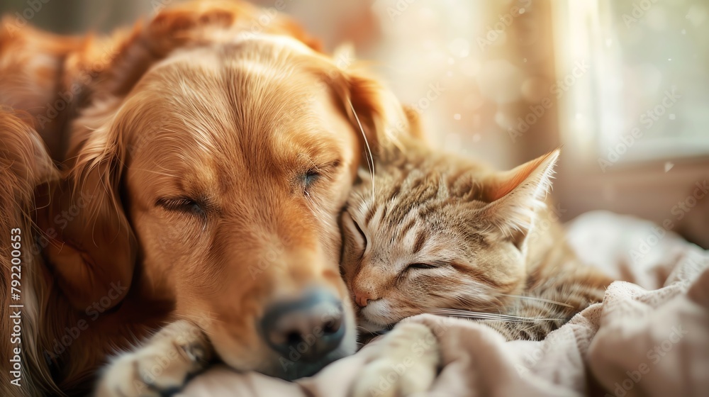Closeup of a dog and cat nuzzling, capturing a moment of affection between different pet species Closeup of a dog and cat nuzzling, capturing a moment of affection between different pet species