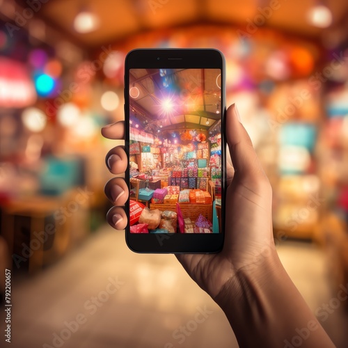 Closeup of hands holding a phone displaying an online shopping app, colorful interface with product listings